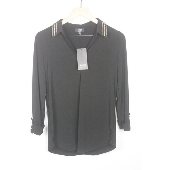 Jones New York Tops - Women’s Jones New York Roll Sleeve Blouse Top, Black, XL with Gold Metal NWT